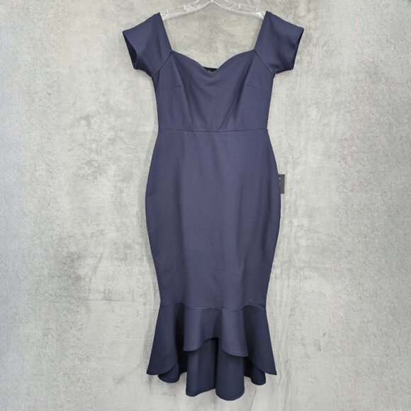 Lulus How Much I Care Off Shoulder Midi Dress L Navy Blue Trumpet Hi Low Hem New - Picture 1 of 14